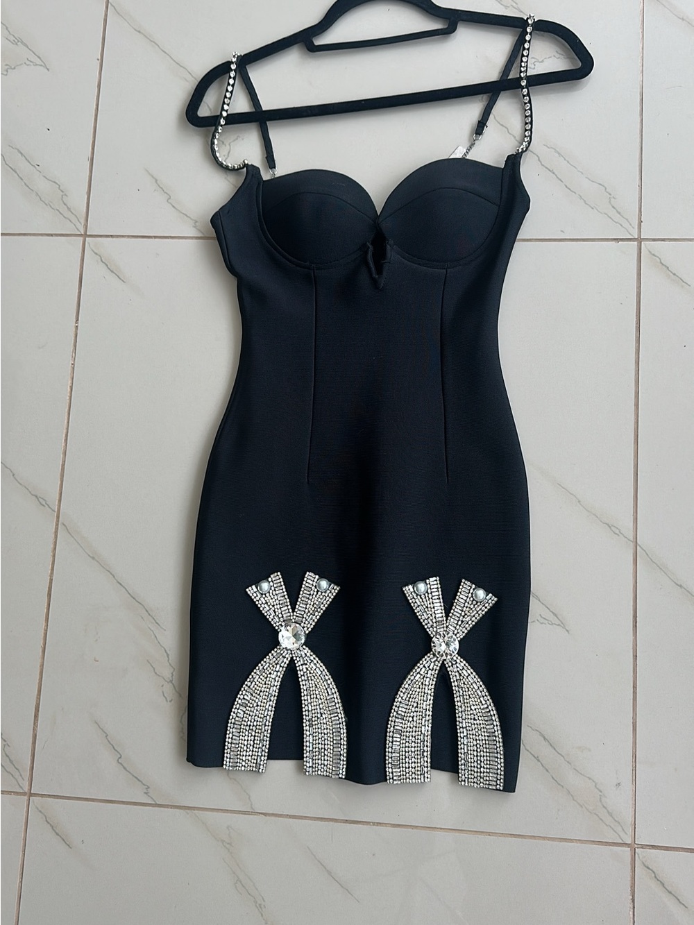 Black Embellished Bodycon Dress with Crystal Straps